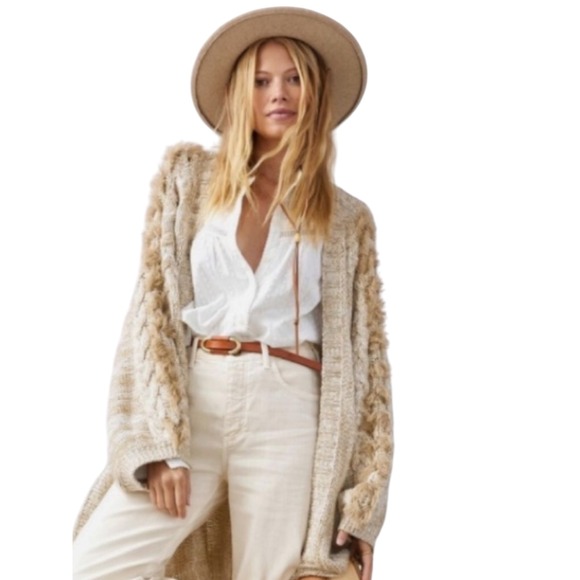 Anthropologie Sweaters - Anthropologie Braided Sleeve Fringe‎ Cable Knit Cardigan Open Front Sweater OS